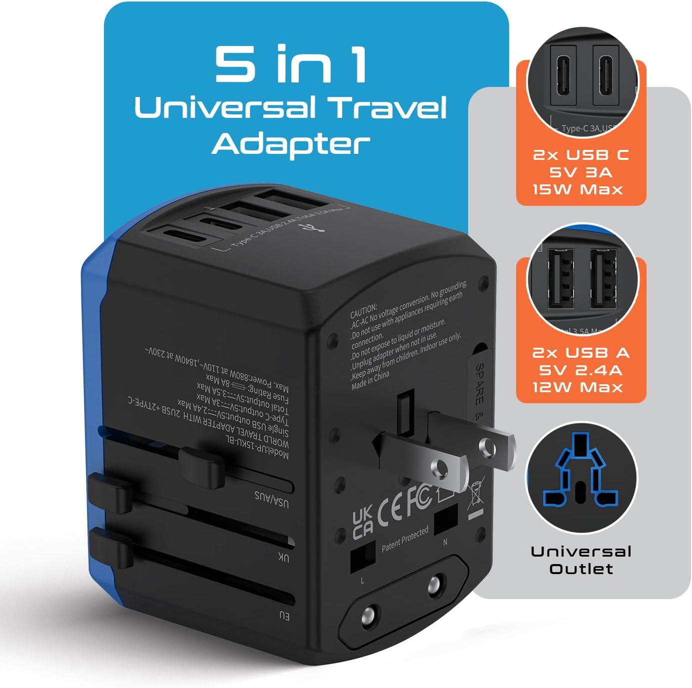 Ceptics Universal Travel Adapter kit, Dual USB (QC 3.0) + 2 US outlets + USB-C Cable, Use with Chargers, Cell Phones, Laptops, 6 Plug attachments for Worldwide use (Does Not Convert Voltage) (WPS-2B)