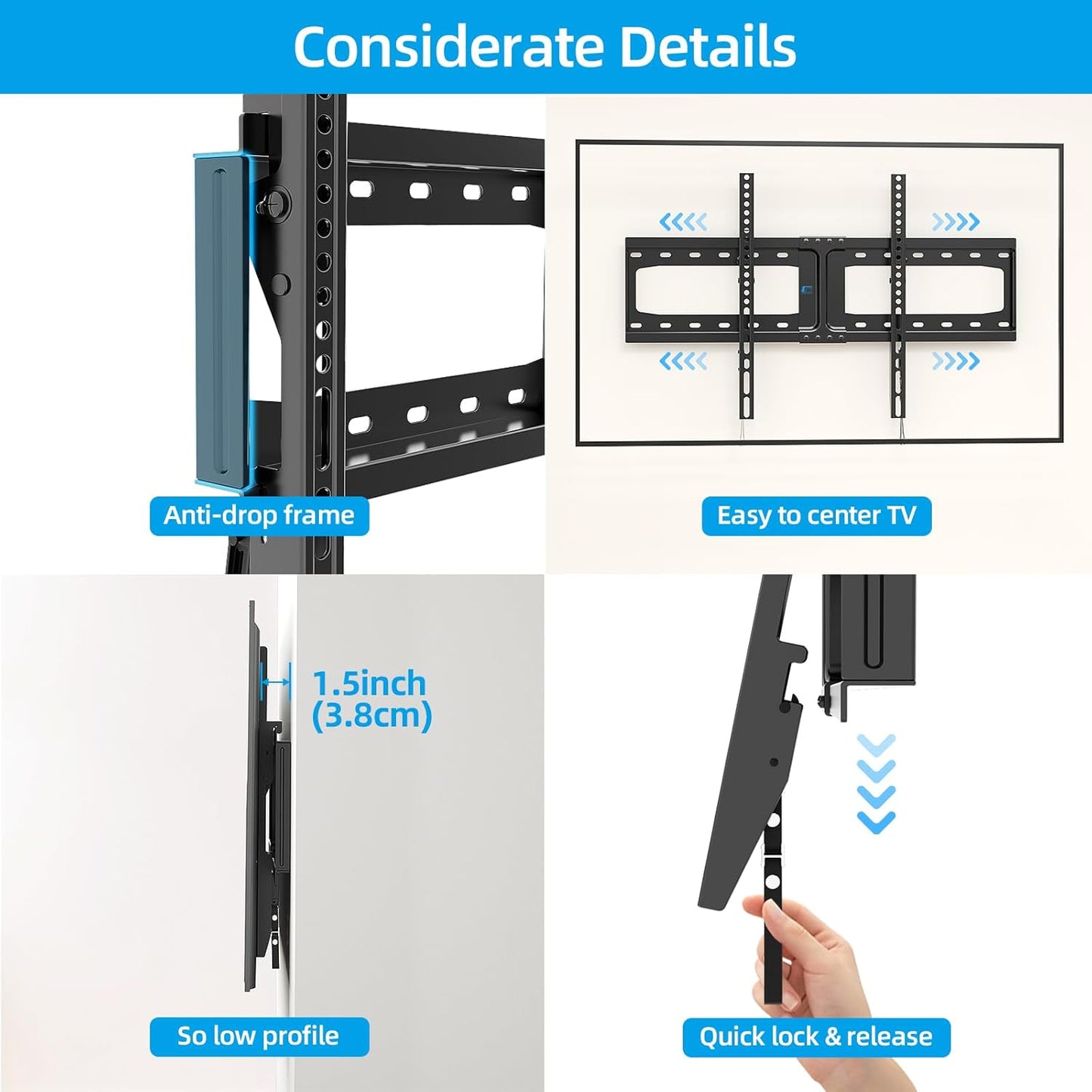 HOME VISION TV Wall Mount Tilt for Most 32-84 inch Flat Curved TV, Low Profile Tilting Wall Mount TV Bracket Fits 16”-18”-24” Wood Stud, Max VESA 600X400mm, Up to 165lbs, Quick Release