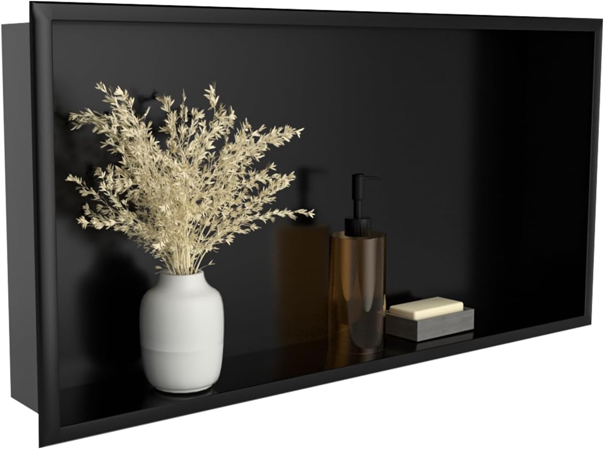 BLYLUND Shower Niche 12" x 24" NO Tile Needed,Matte Black Double Shelf Organizer, Square Corners Wall-Inserted Niche Recessed Shower Shelf Modern Soap Niche for Bathroom
