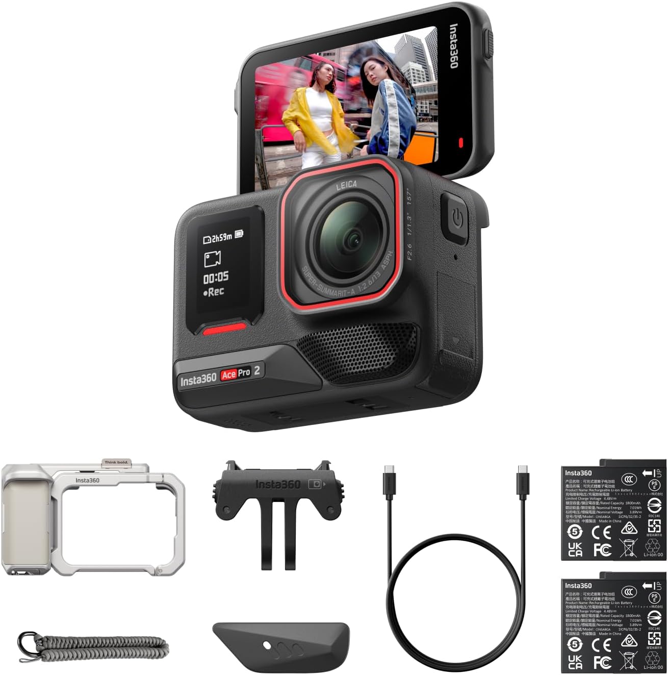 Insta360 Ace Pro 2 Get-Set Bundle- 8K Waterproof Action Camera Co-Engineered with Leica, 1/1.3" Sensor, Dual AI Chip, Leading Low Light, Superior Audio, Flip Screen & AI Editing, Dual Battery