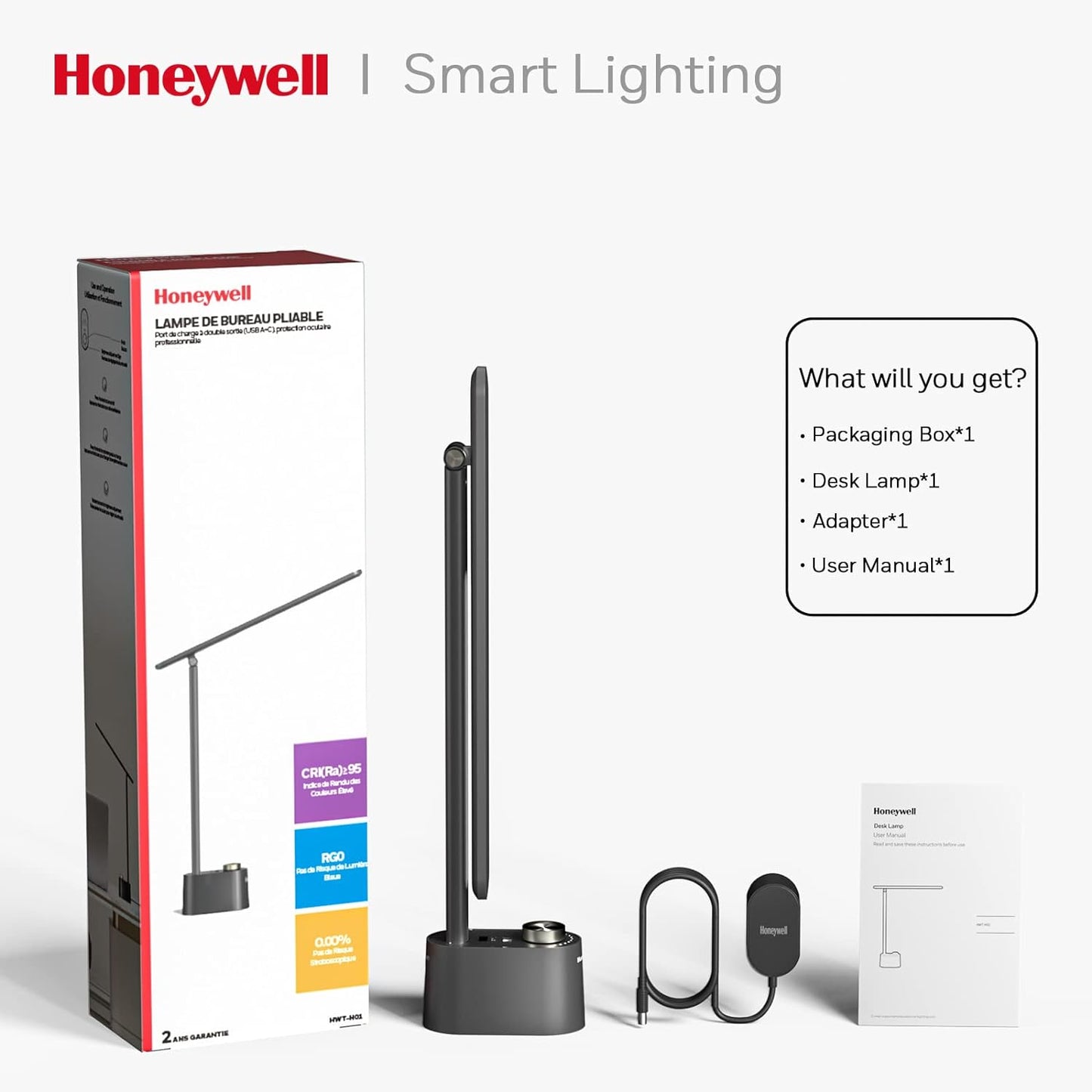 Honeywell HWT-H01 LED Desk Lamp, Foldable & Stepless Dimmable, Black