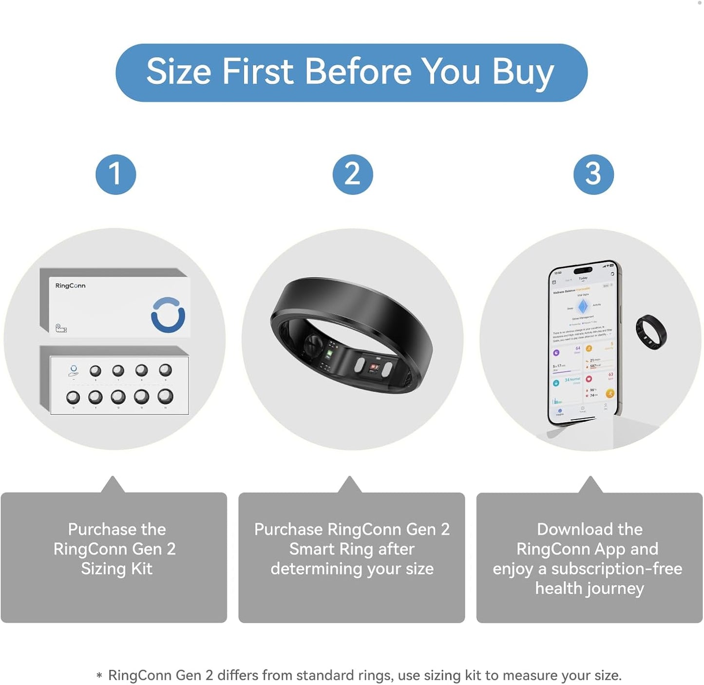 RingConn Gen 2 Smart Ring, No App Subscription, Size First with Sizing Kit, 12-Day Battery Life, Stress/Women's Health Tracker, Compatible with Android & iOS (Black, Size 8)