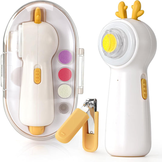 Baby Electric Nail File with Clipper, 5-in-1 Baby Nail Trimmer with LED Light, Rechargeable Nail Clippers for Infant Toddler Kid Adult, Low Noise, Includes 5 File Pads, Yellow Deer - PuriLite