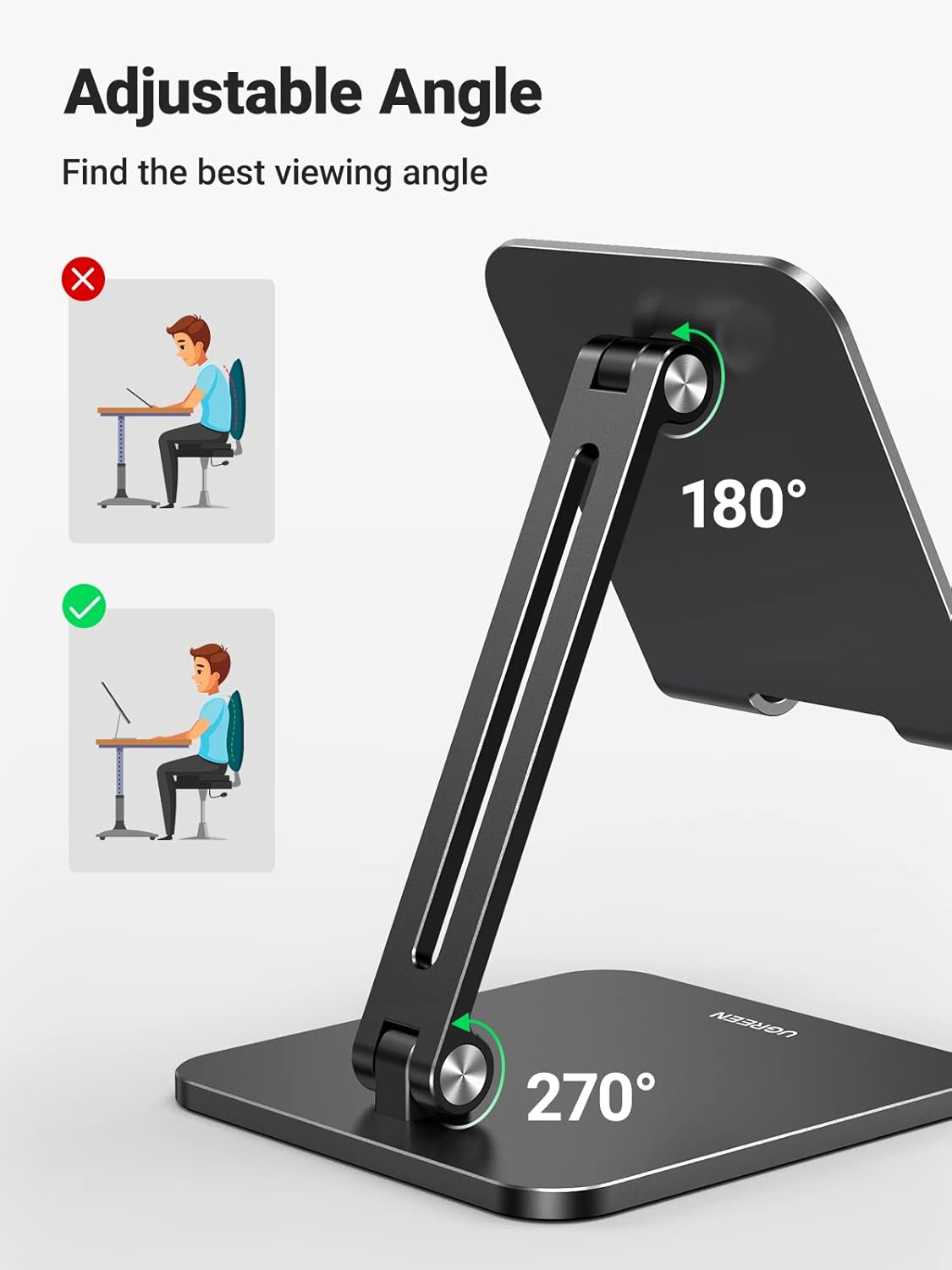 UGREEN Tablet Stand for Desk, Aluminum Stand for iPad Extended Height, Adjustable Foldable Portable Desktop Stand Holder for iPad Pro 12.9 11 9.7 10.5 iPad Air Mini Galaxy Surface iPhone 14 Pro, Grey