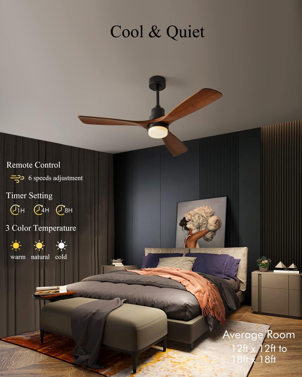 Chriari Ceiling Fans with Lights, 3 Wood Fan Blades, 52" Black Classical Style Fan with Remote Control, Noiseless Reversible DC Motor for Bedroom/Living Room/Study/Porch