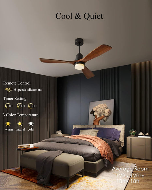 Chriari Ceiling Fans with Lights, 3 Wood Fan Blades, 52" Black Classical Style Fan with Remote Control, Noiseless Reversible DC Motor for Bedroom/Living Room/Study/Porch - PuriLite