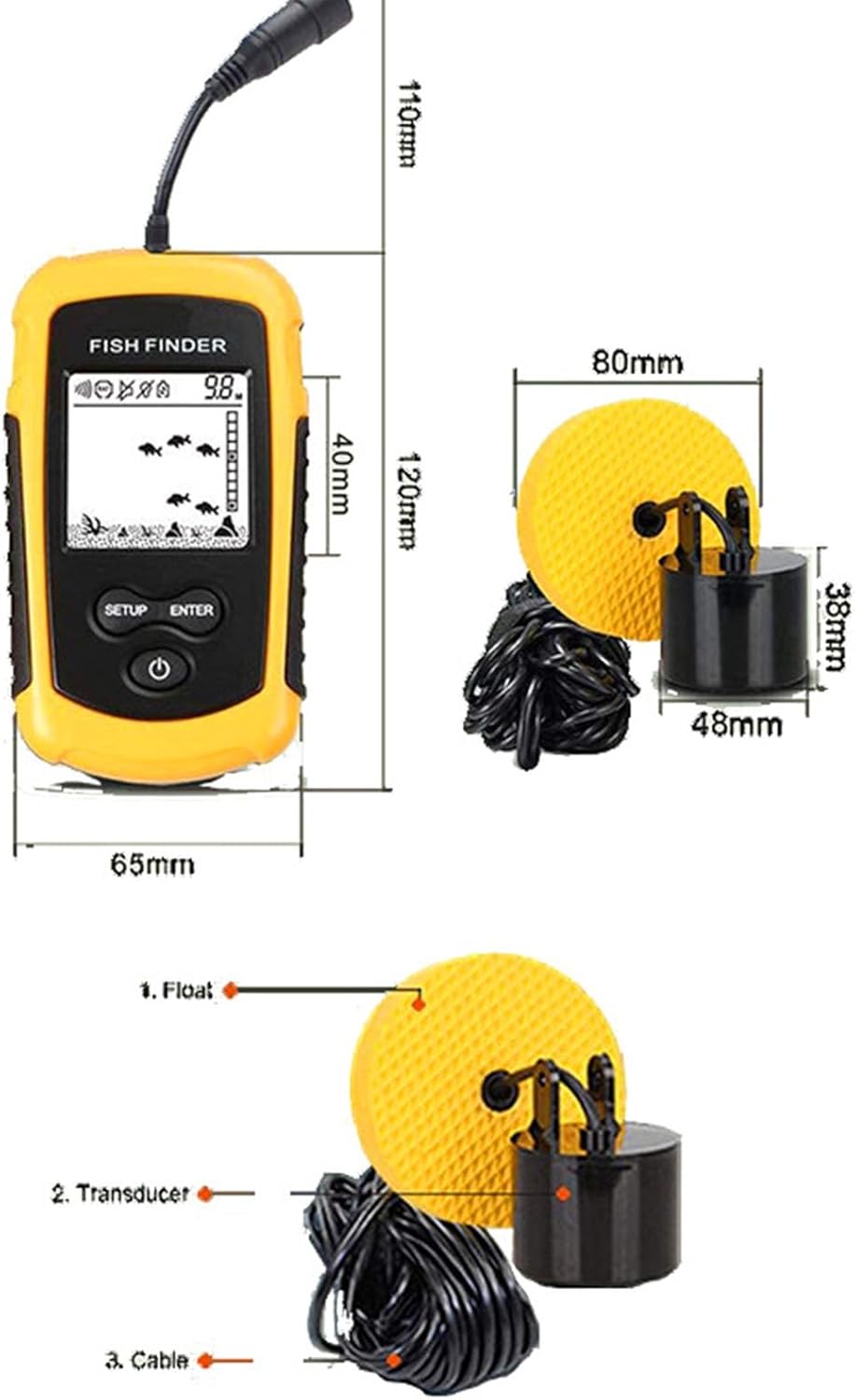 Portable LCD Display Fish Finder with 200khz Sonar Frequency, Handheld Portable Fish Depth Finder Fish Schools Alarm, Ideal for Kayak Boat Fishing