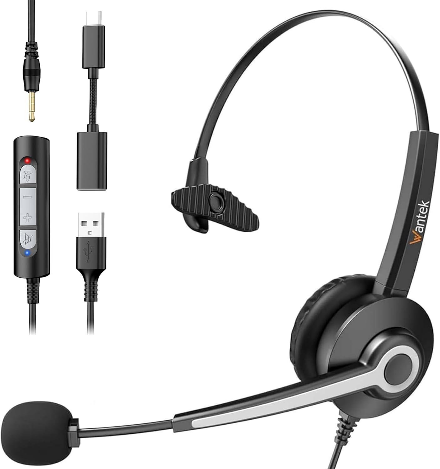 Wantek USB Headset with Microphone for PC, On-Ear Headphones - Computer Laptop Wired Headset with Mic Noise Cancellation & Volume Control for Work Home Office Online Classroom Zoom Skype