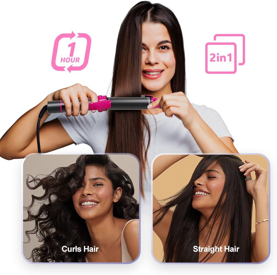 Curling Iron, Lescolton 2 in 1-Curling Wand Travel Hair Straightener, 1 Inch Dual Voltage Curl Wand Barrel, Fast Heating Flat Iron for Girls & Women