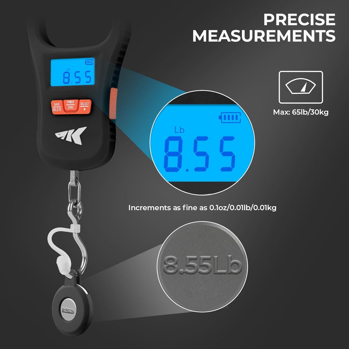 KastKing Fish Scale with Lip Gripper, ToughTide USB Charging Fishing Scale Built-in Measuring Tape, 65lb Capacity, Ultra-Thin Digital Fish Scale, LCD Display, Ergonomic Handle, Black Combo