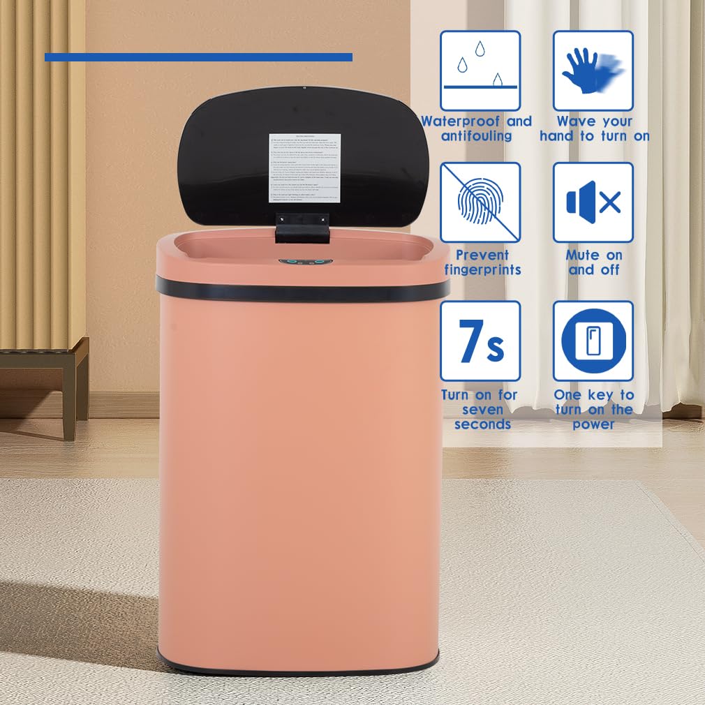 13 Gallon 50 Liter Garbage Can Kitchen Trash Can with Lid Automatic Sensor Touch Free Stainless Steel Waste Bin for Bathroom Bedroom Home Office,Black