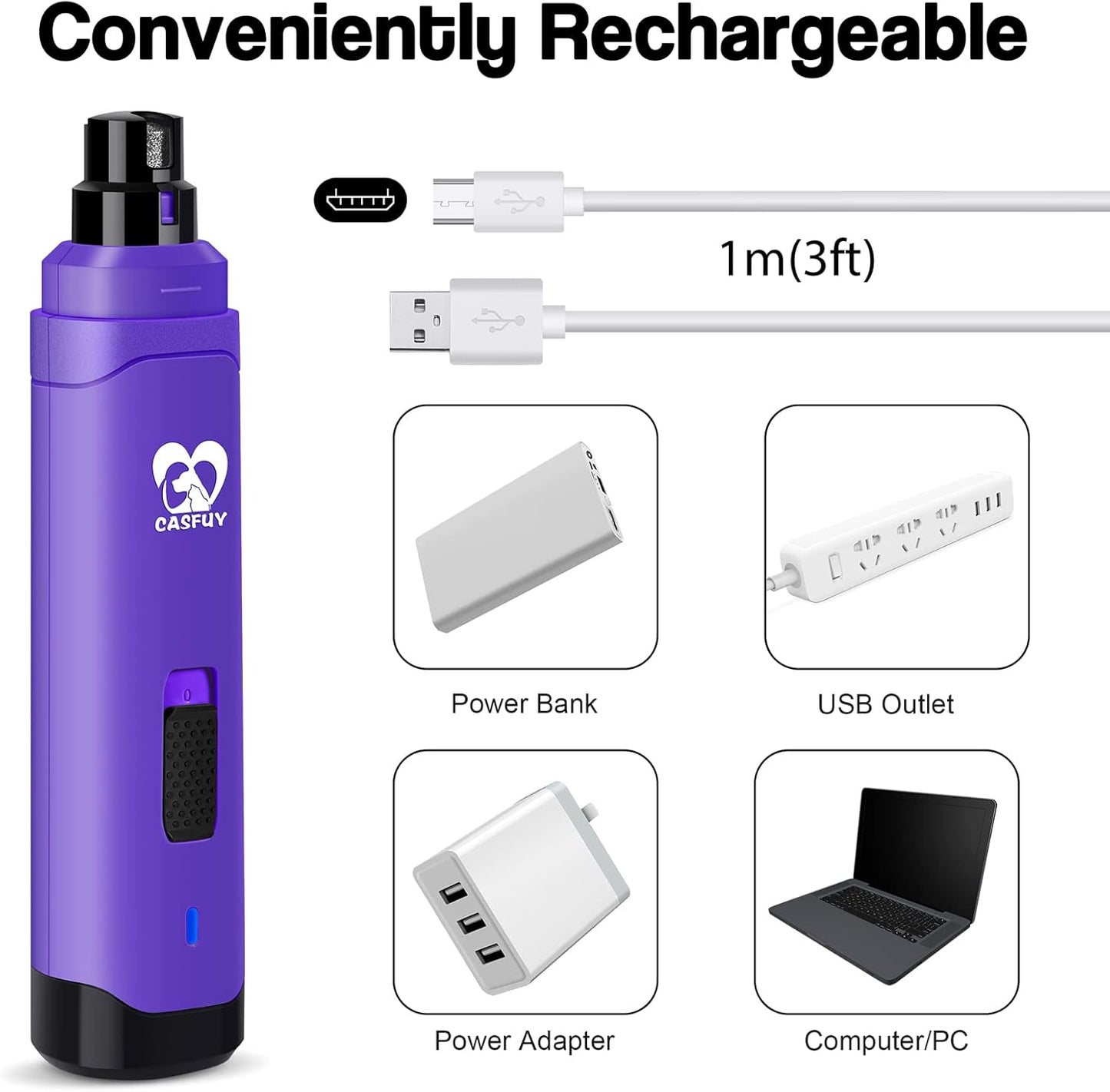 Casfuy Dog Nail Grinder Upgraded - Professional 2-Speed Electric Rechargeable Pet Nail Trimmer Painless Paws Grooming & Smoothing for Small Medium Large Dogs & Cats (White)
