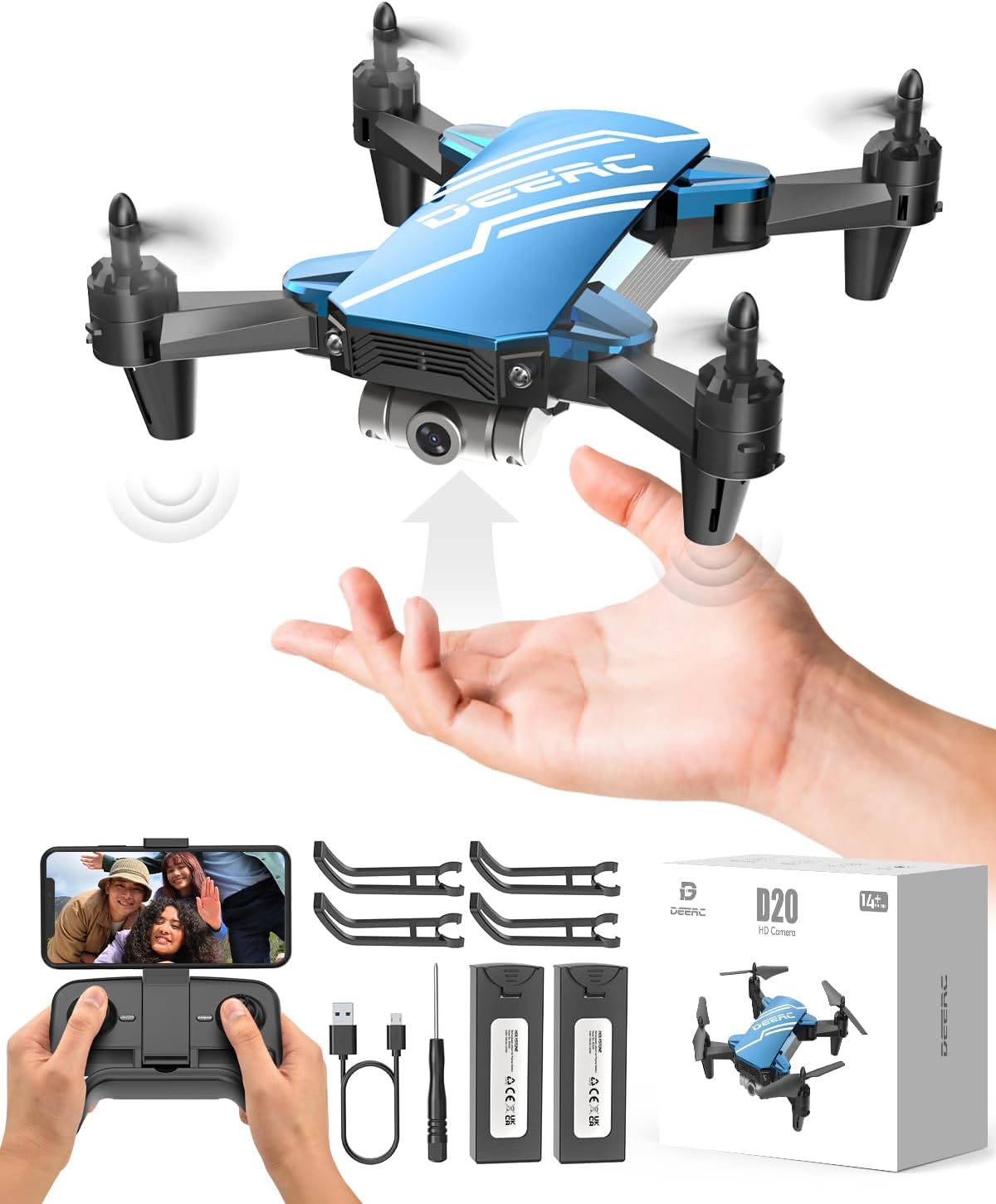 DEERC D20 Mini Drone Foldable for Kids with 720P HD FPV Camera Remote Control Toys Gifts for Boys Girls with Tap Fly,Auto Hover,Voice/Gesture Control,Speed Adjustment,2 Batteries,3D Flip