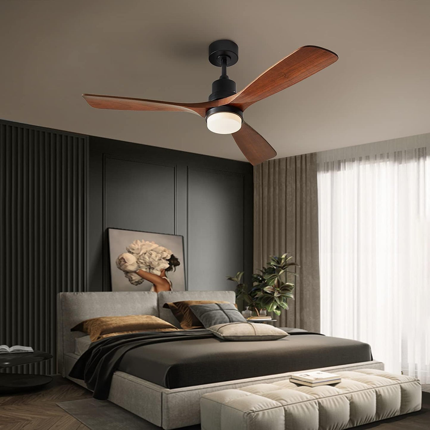 Chriari Ceiling Fans with Lights, 3 Wood Fan Blades, 52" Black Classical Style Fan with Remote Control, Noiseless Reversible DC Motor for Bedroom/Living Room/Study/Porch