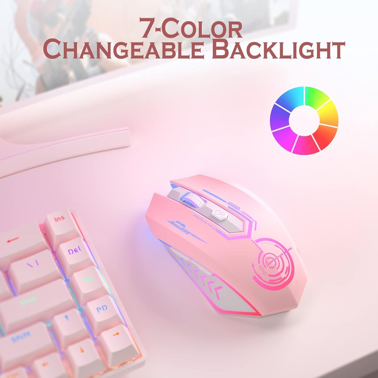 Wireless Gaming Mouse Up to 10000 DPI, UHURU Rechargeable USB Wireless Mouse with 6 Buttons 7 Changeable LED Color Ergonomic Programmable MMO RPG for PC Laptop, Compatible with Windows Mac