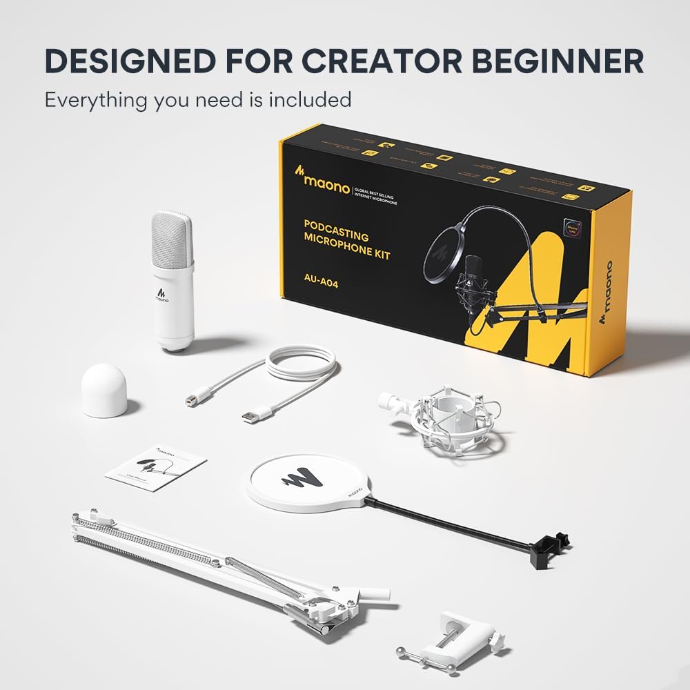 USB Microphone, MAONO 192kHz/24Bit Plug & Play PC Computer Podcast Condenser Cardioid Metal Mic Kit with Professional Sound Chipset for Recording, Gaming, Singing, YouTube (AU-A04)