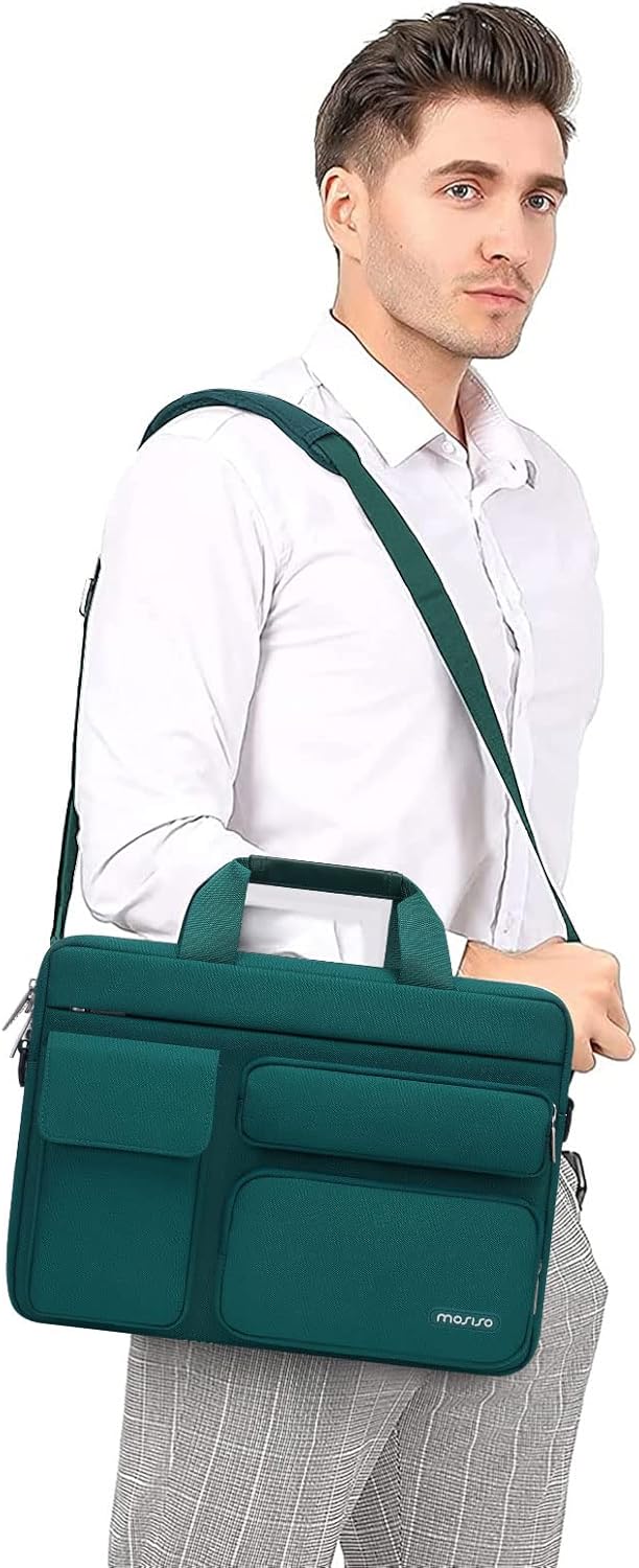 MOSISO Laptop Bag 13.3 inch, 13-13.3 inch Computer Shoulder Bag Compatible with MacBook Air/Pro 13/Pro 14, HP Dell ASUS Notebook &2 Raised&1 Flapover&1 Horizontal Pocket&Handle&Belt, Black
