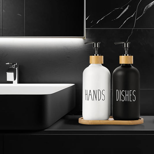 LIFEEZY Premium Quality Glass Soap Dispenser Set with Bamboo Tray - 2 pcs Hand & Dish Soap Dispenser for Rustic Kitchen Decor, Refillable Dispensers - PuriLite
