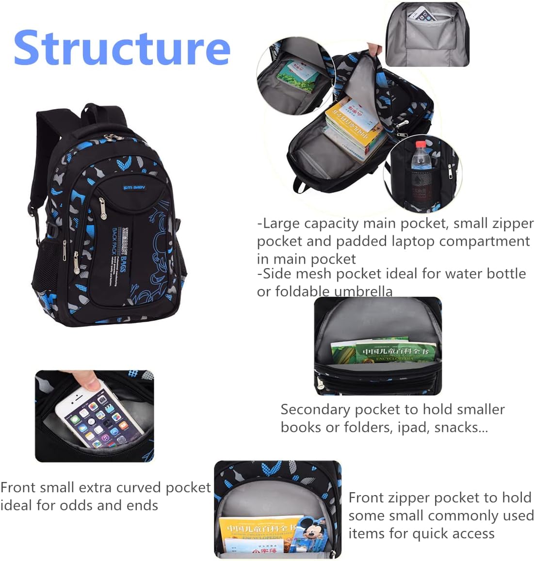 Blue-Camouflage Backpacks for Boys School Elementary, Camouflage Boys School Bags Capacity Bookbags
