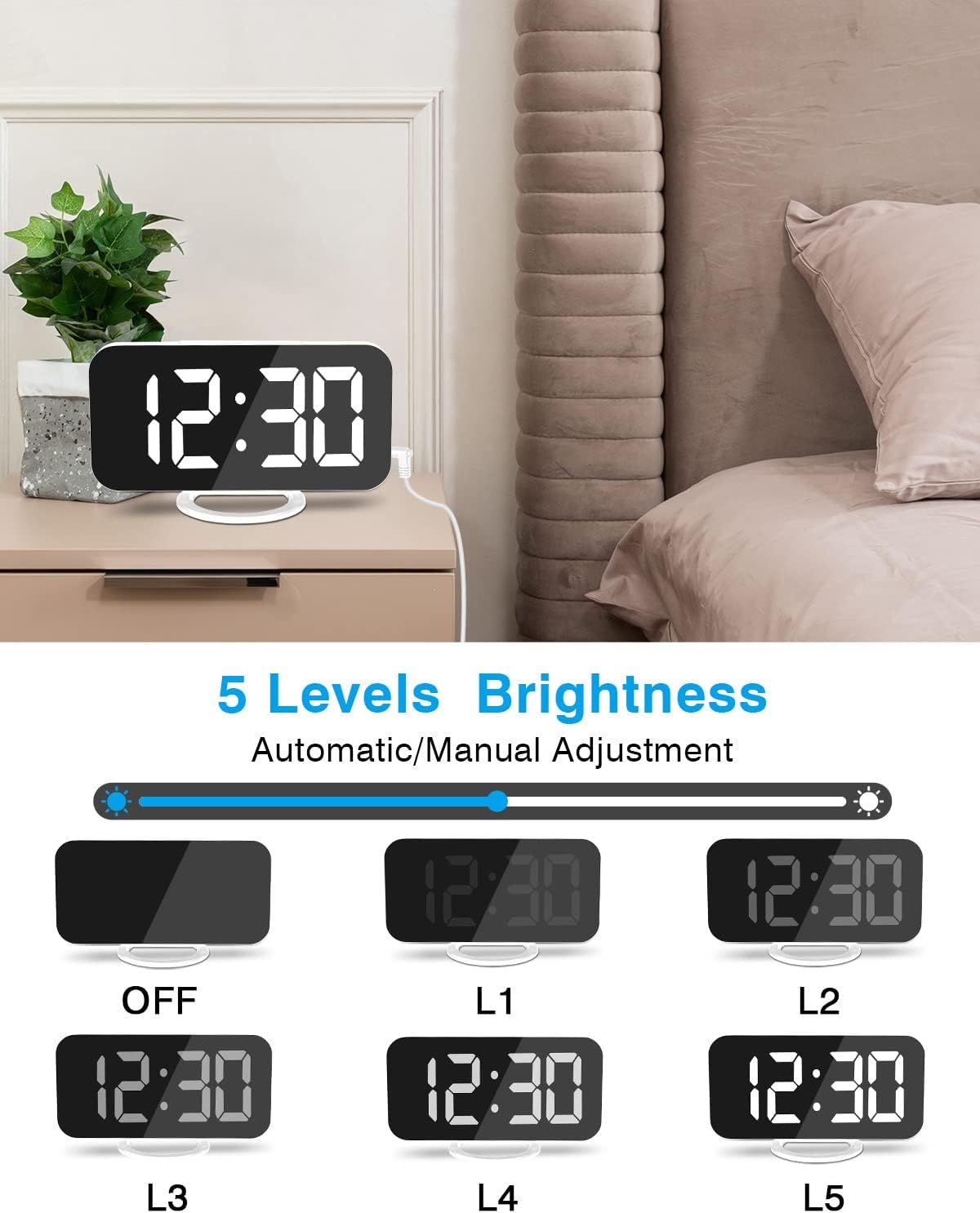 SZELAM Digital Alarm Clock,LED and Mirror Desk Clock Large Display,with Dual USB Charger Ports,3 Levels Brightness,12/24H,Modern Electronic Clock for Bedroom Home Living Room Office - Gold