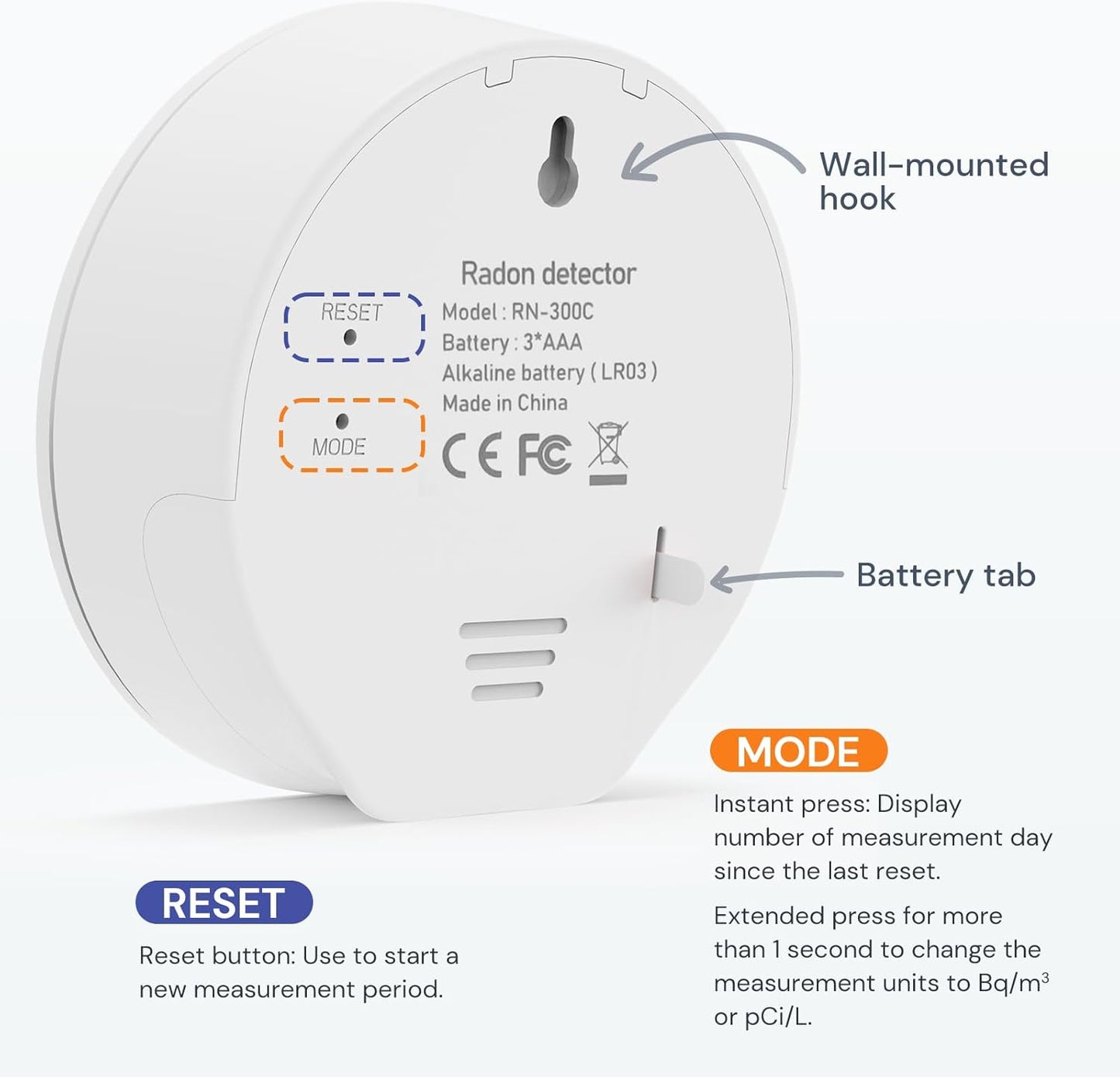 Life Basis Radon Detector for Home, Portable Radon Tester with Ink Screen Short & Long Term Radon Monitoring No Lab Fees Battery Operated, Canadian Version Bq/m3 & pCi/L Selectable, White