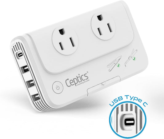 European Travel Voltage Converter by Ceptics, 230W Adapter for Curling Iron, Straightener, Chargers, Step Down World Power Plug - 4 USB Charging QC 3.0 - SWadApt Compatible - Type C, E/F, G Included - PuriLite
