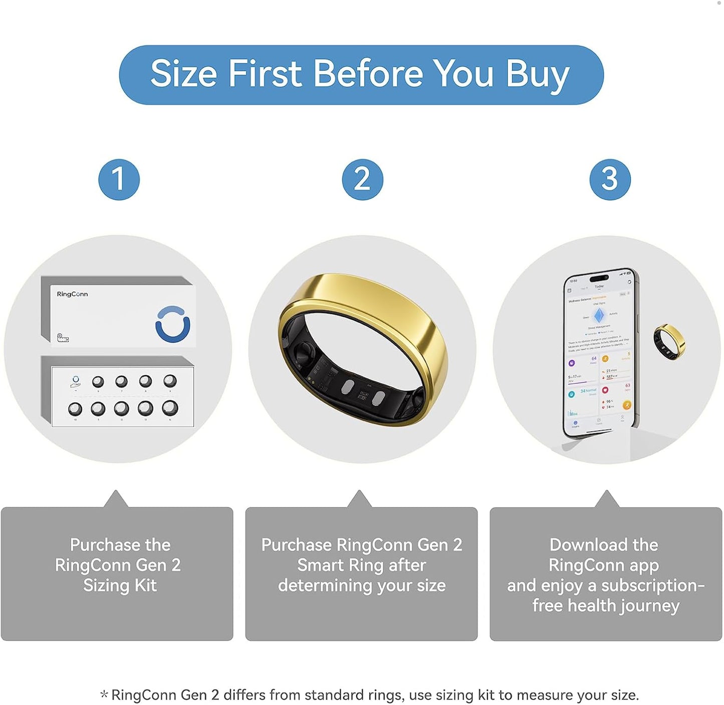 RingConn Gen 2 Smart Ring, No App Subscription, Size First with Sizing Kit, 12-Day Battery Life, Stress/Women's Health Tracker, Compatible with Android & iOS (Black, Size 8)
