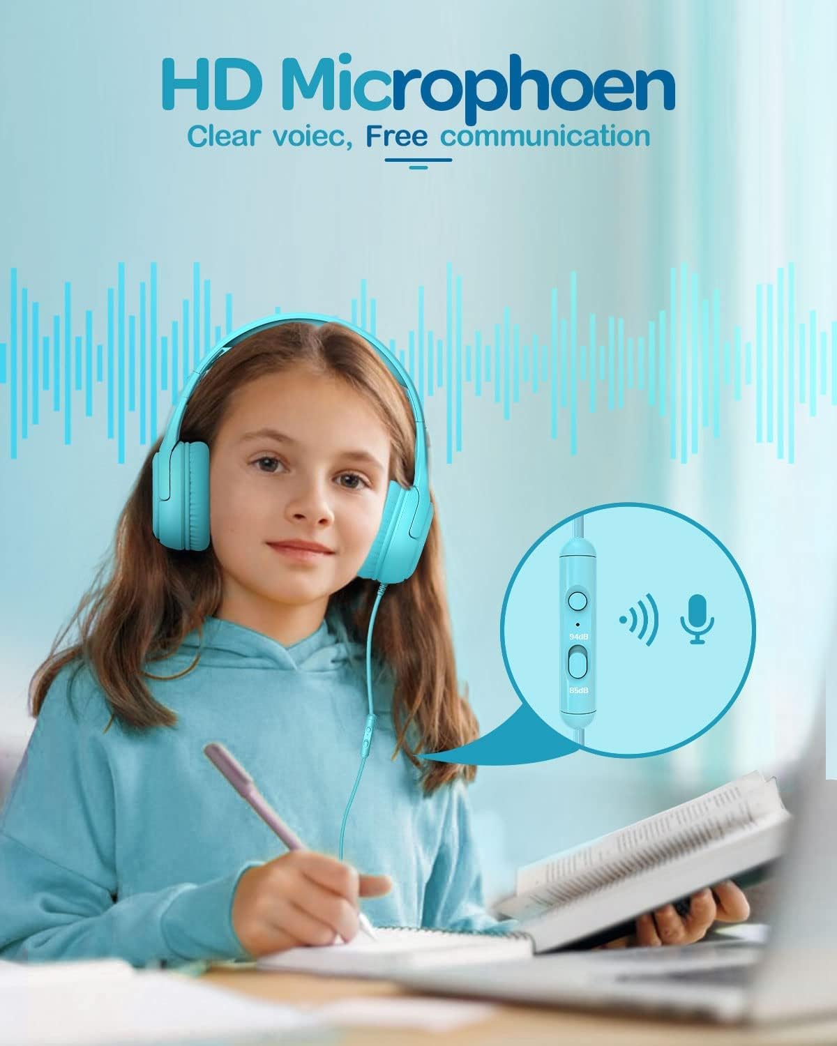 awatrue Kids Headphones with Microphone, Wired Headphones for Kids 85/94dB Safe Volume Limit, Over Ear Headsets, Boys Girls Childrens Headphones for School/Travel/Fire Tablet/BlueOrange