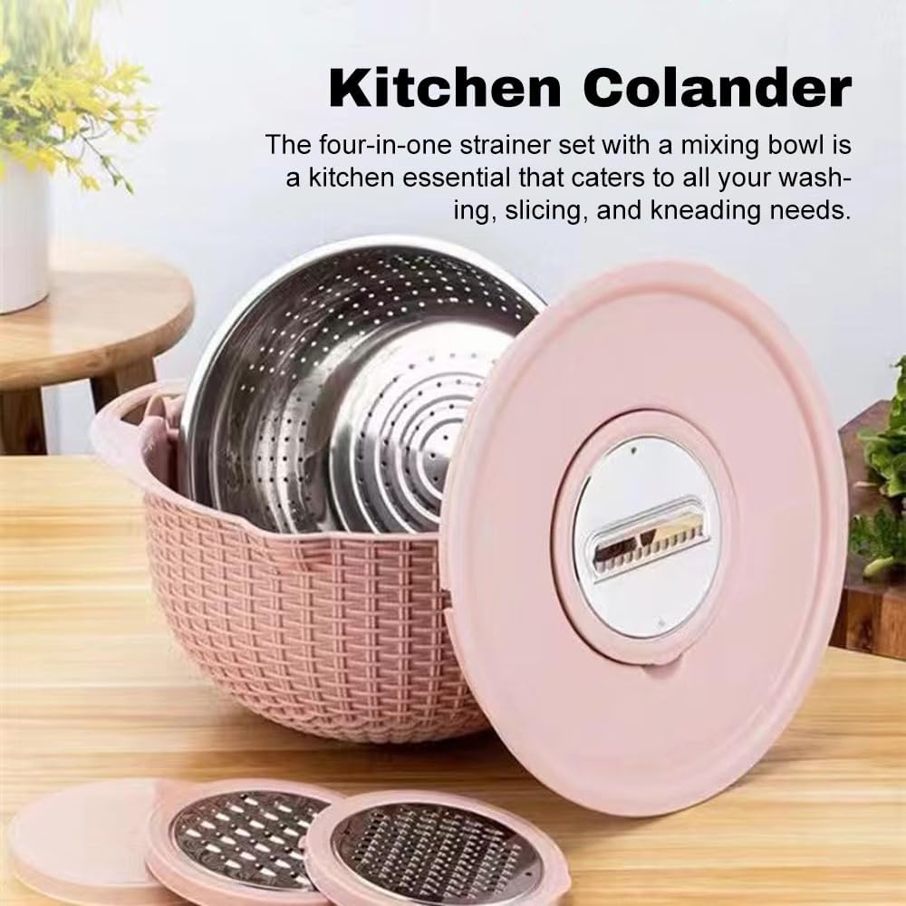 4 in 1 Colander with Bowl Set, Double Layer Fruit Cleaner, Salad Spinner, Rotatable Strainers, for Draining Cooked Pasta, Noodles,Vegetables, Fruits and Rice (Beige)