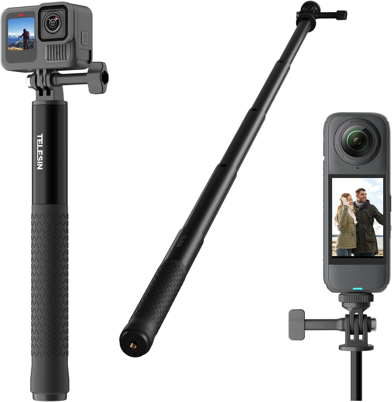TELESIN 47" Extension Selfie Stick, Portable Smooth Handheld Invisible Monopod Pole for GoPro Hero 13 12 11 10 9/Insta360 X5 X4/DJI Osmo Pocket/AKASO Vlog Selfie Stick, Action Camera Accessories