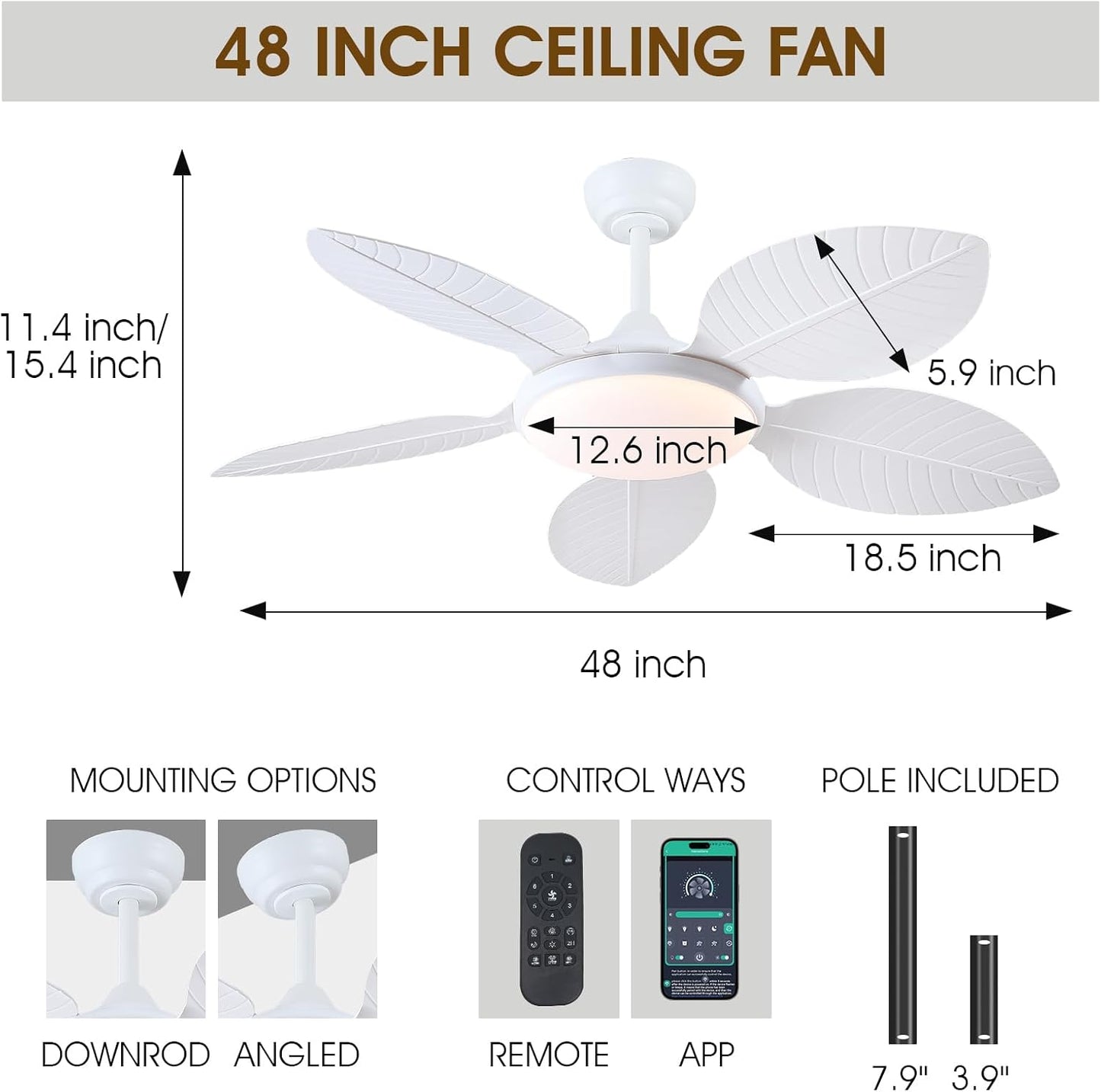 Wiviniya Ceiling Fans with Lights and Remote/APP Control, 44 Inch Tropical Palm Leaf Ceiling Fan with LED Lights, Outdoor Ceiling Fans for Patios Porch, Reversible Quiet Motor, Dimmable, Light Brown