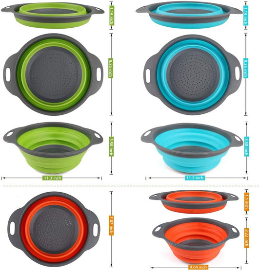 Collapsible Colander, BESUNTEK Strainer Set Round Food Silicone Kitchen for Draining Pasta, Vegetable and Fruit 2 pcs 4 Quart and 1 pcs 2 Quart (Orange + Green + Blue) - PuriLite