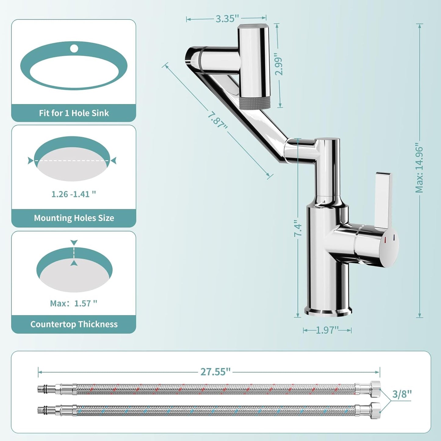 EAARSUO Single Hole Rotatable Bathroom Faucet with Temperature Display, Single Handle Modern Rotating Bathroom Sink Faucet 1 Hole, 1080 Degree Swivel Faucet with 2 Water Outlet Modes (Black)