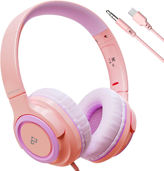 INFURTURE Kids Headphones for School Travel, 94dB Safe Volume Limited, HD Mic Stereo Sound Over-Ear Girls Boys Headphones for Kid, Foldable 3.5mm and USB-C Wired Headphones for iPad Computer - PuriLite