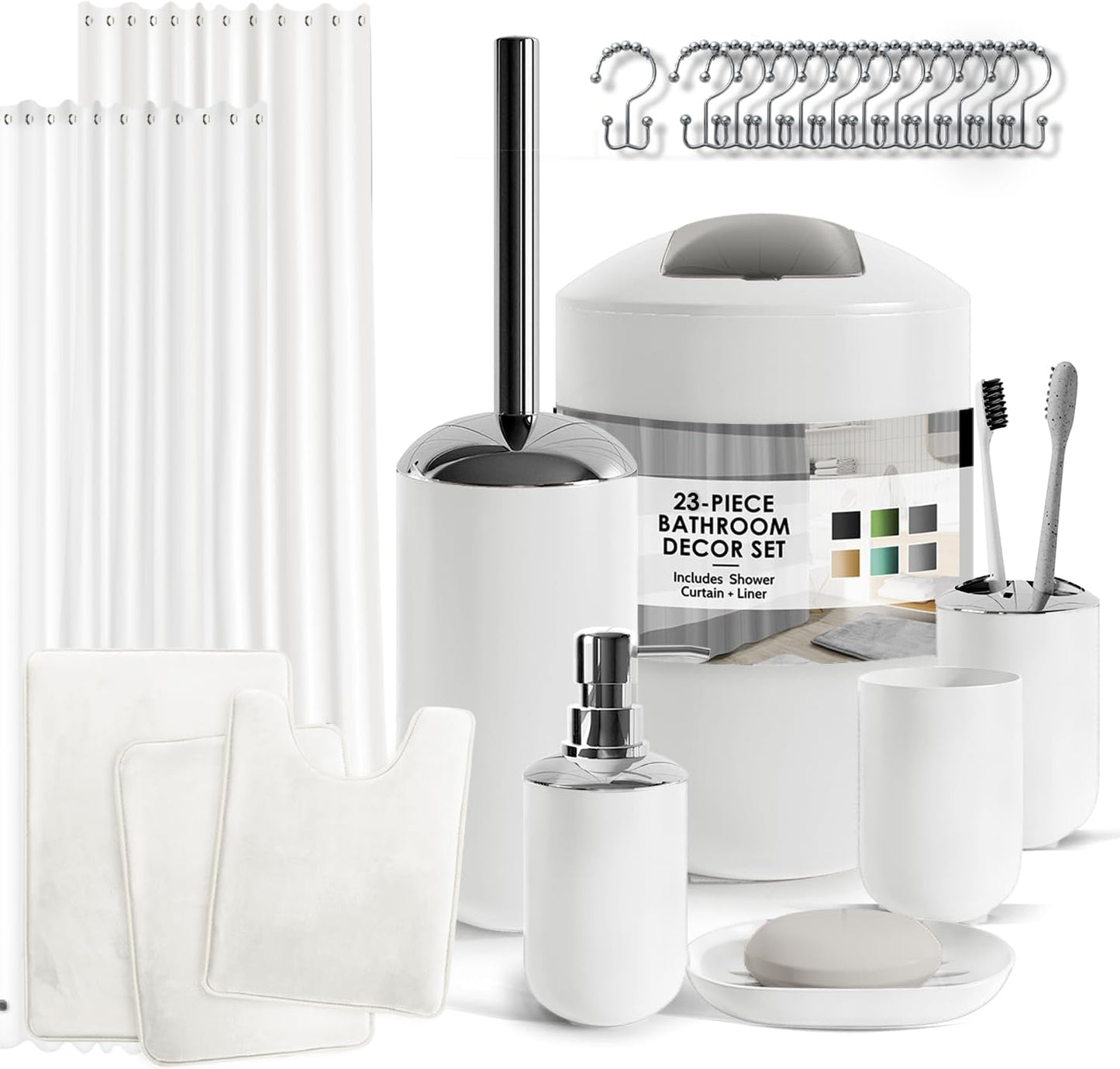 Clara Clark Bathroom Set - Gray Bathroom Accessories Set, Bathroom Sets with Shower Curtain and Rugs, 23PC Shower Curtain Set with Liner, Soap Dispenser, Soap Dish, Toilet Brush Holder, and Trash Can