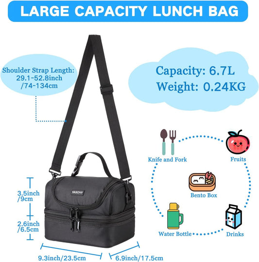 VASCHY Lunch Box Bag Men, Insulated Two Compartments Bento Cooler Bags for Adults/Women/Kids for School,Daycare,Kindergarten,Picnic Black