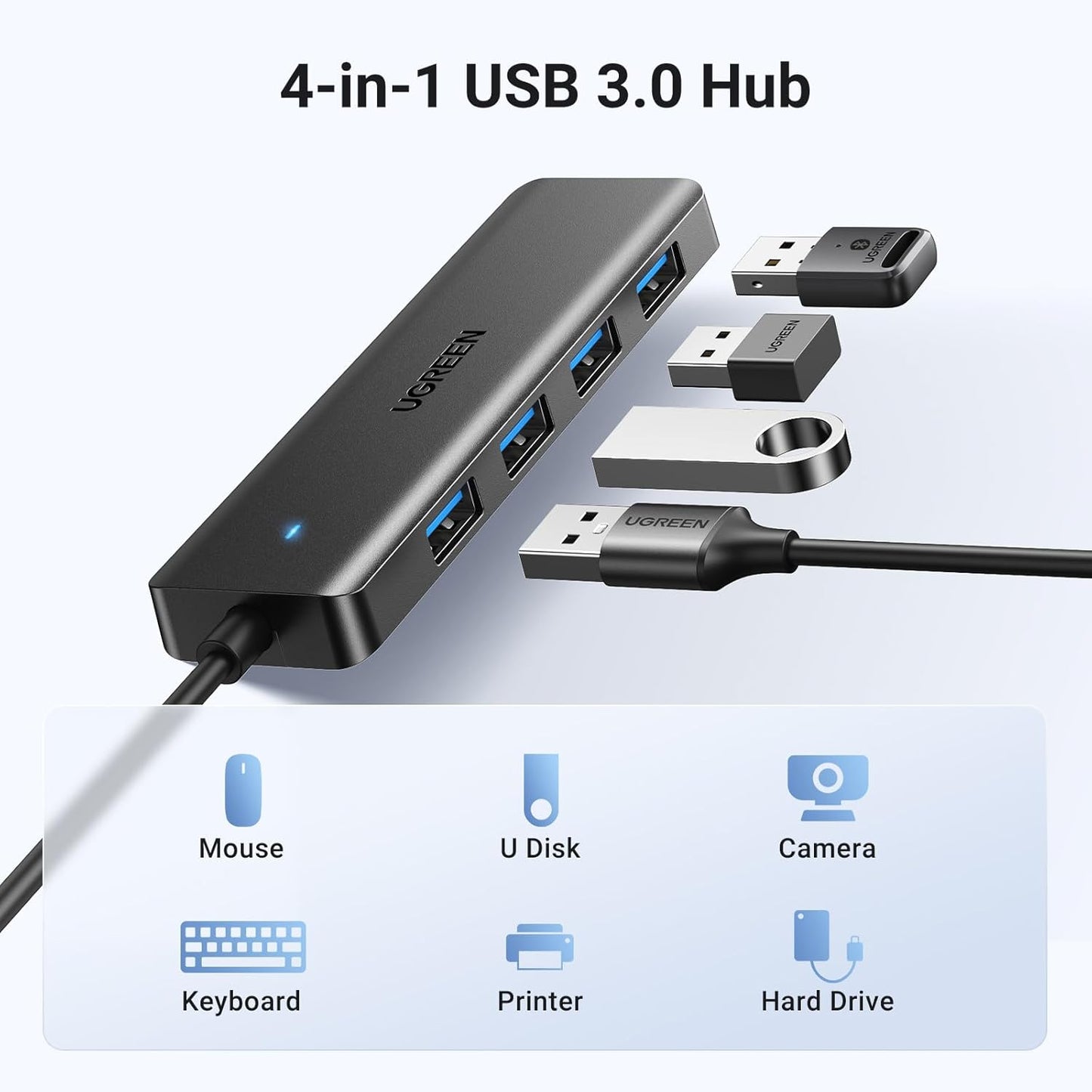 UGREEN USB Hub 3.0, 4 Ports USB A Splitter Ultra Slim Expander for Mouse, Keyboard, Flash Drive, U Disk, Printer Compatible with Laptop, Desktop PC, Xbox, PS5, Mouse, Keyboard and More, 0.5ft