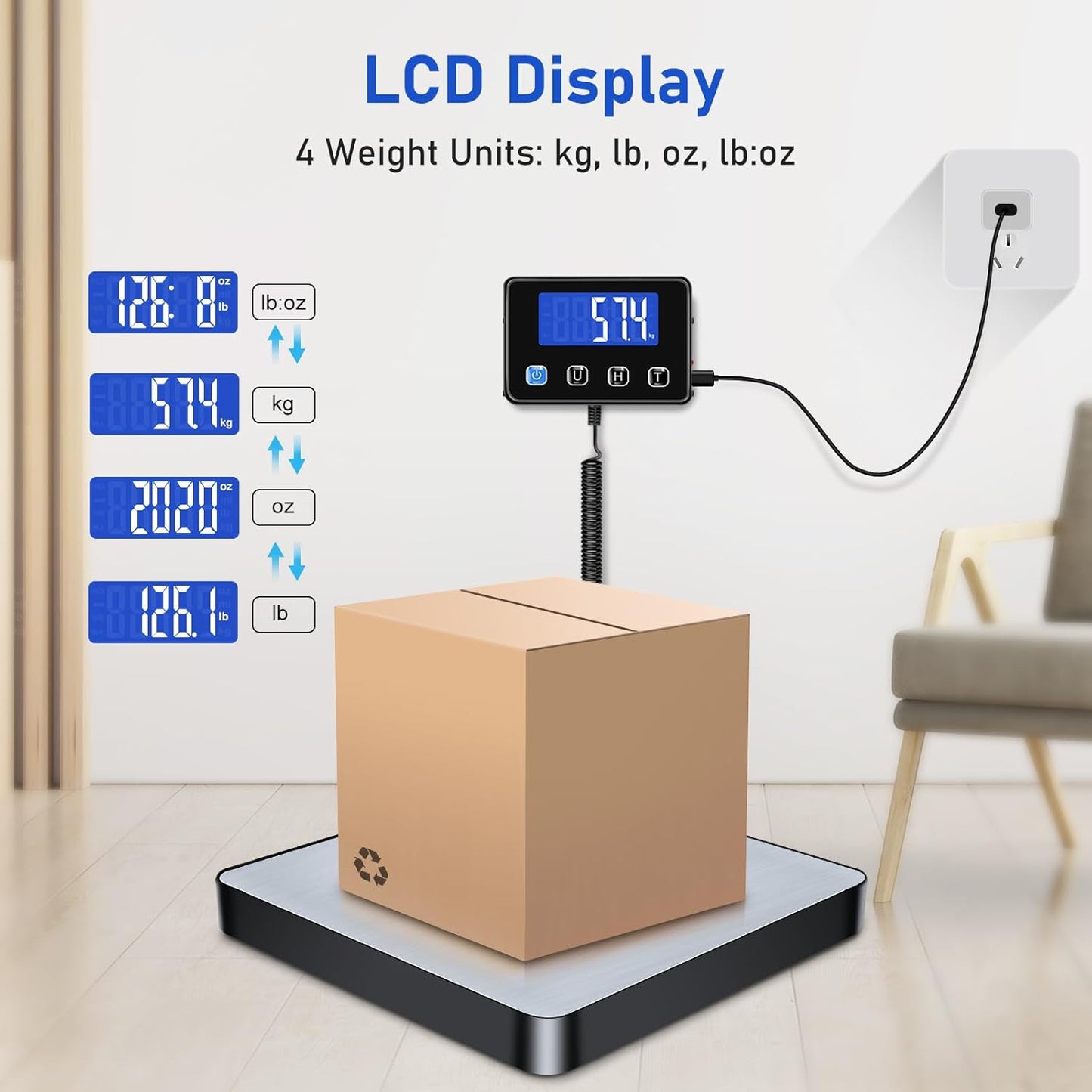 RAOYAN Shipping Scale, 440lb/0.5oz High Accuracy Digital Postal Scale with LCD Display, Hold/Tare Function, Shipping Scale for Package, Luggage, Warehouse (Including 2 Batteries, Charging Cable)