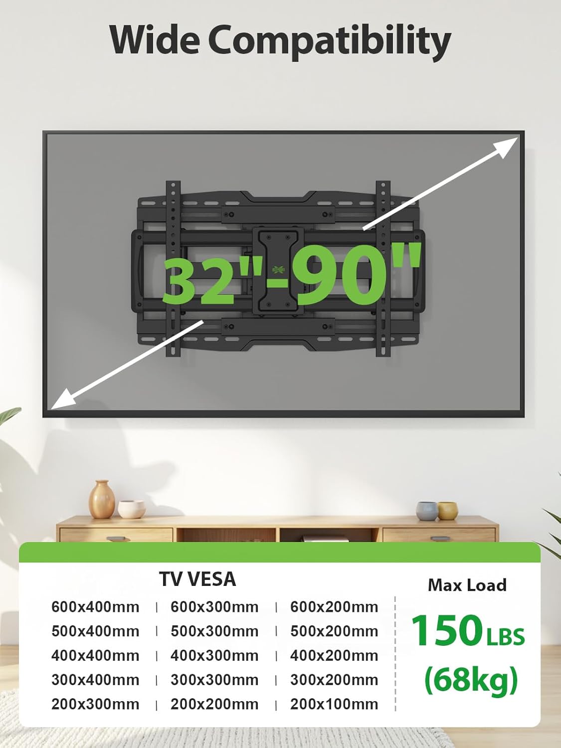 USX MOUNT Full Motion TV Wall Mount Bracket for Most 32-90 Inch TVs with Sliding Design for Centering, Holds up to 150lbs, Fits 16, 18, 24 inch Studs with Swivel Articulating Arms up to VESA 600x400mm