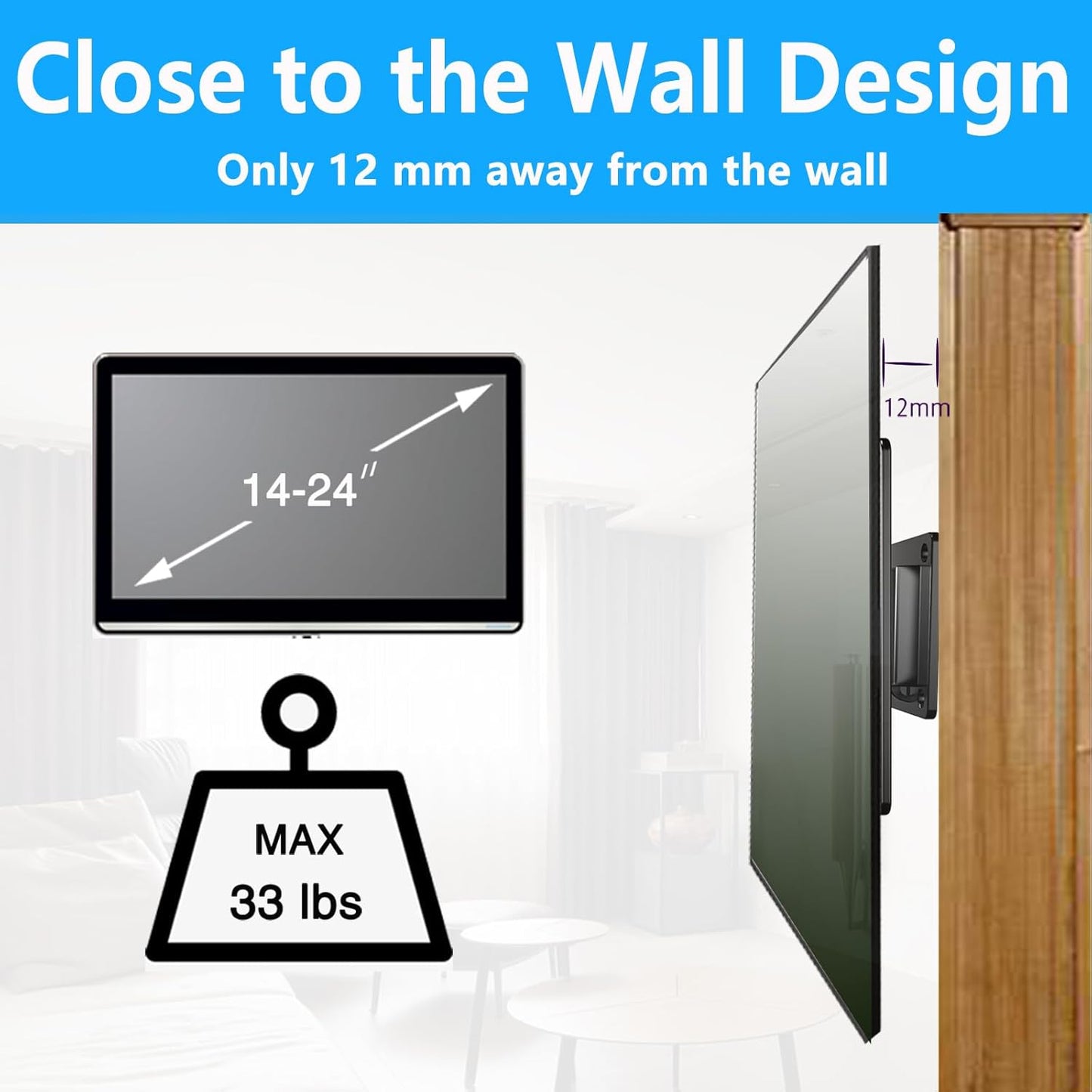 TETVIK Monitor Wall Mount Most 14-24“ TVs Computer Universal Low Profile RV TV Wall Mount VESA Up to 100x100mm Max Weight 30lbs Fits 15 19 20 22 23 Inch Camper Small Monitor Mount Bracket
