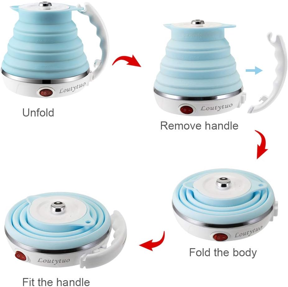 120V 555ML Ultrathin Travel Foldable Electric Kettle with Separable Power Cord and Handle, Boil Dry Protection, Food Grade Silicone