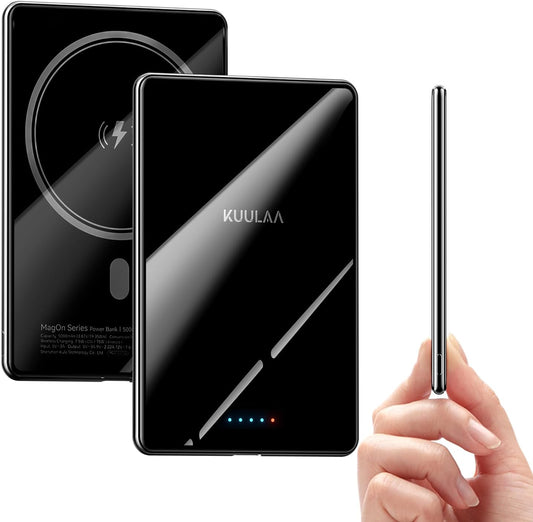 Kuulaa Power Bank 5000mAh PD 20W, Portable Charger Ultra-Thin Magsafe Power Bank with LED Lights, Magnetic Wireless Chargeur Portatif Powerbank Compatible with iPhone 16/15/14/13/12 - Mirror Black