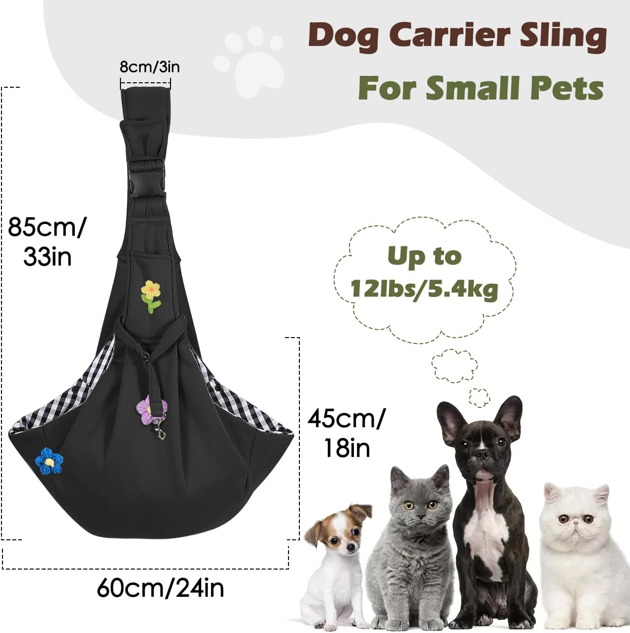 Pawaboo Small Dog Sling Carrier, Reversible Hands Free Dog Sling Carrier for Small Dogs and Cats, Puppy Sling Carrier with Adjustable Strap Buckle & Safety Harness, Puppy Essentials, Grey