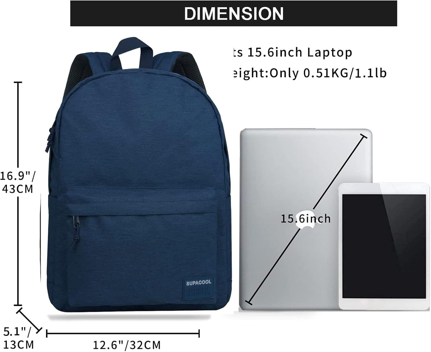 SUPACOOL Casual Laptop Backpack with USB Charging Port for Men and Women, School Bookbag for College, Lightweight Pack Back(Dark Black)