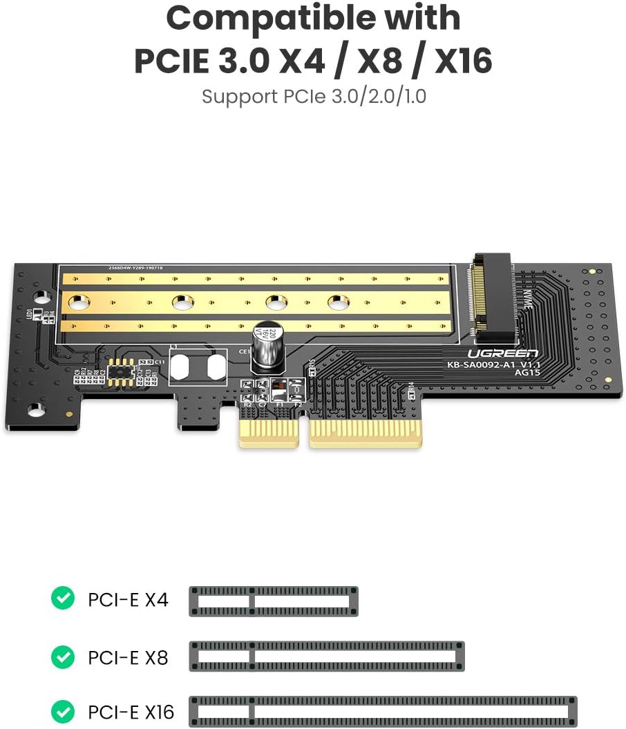 UGREEN M.2 NVME PCIe 3.0 X4 X8 X16 Adapter Card, Support M Key and B+M Key SSD 2280 2260 2242 2230 Size, Include Install Tool, Not for SATA SSD