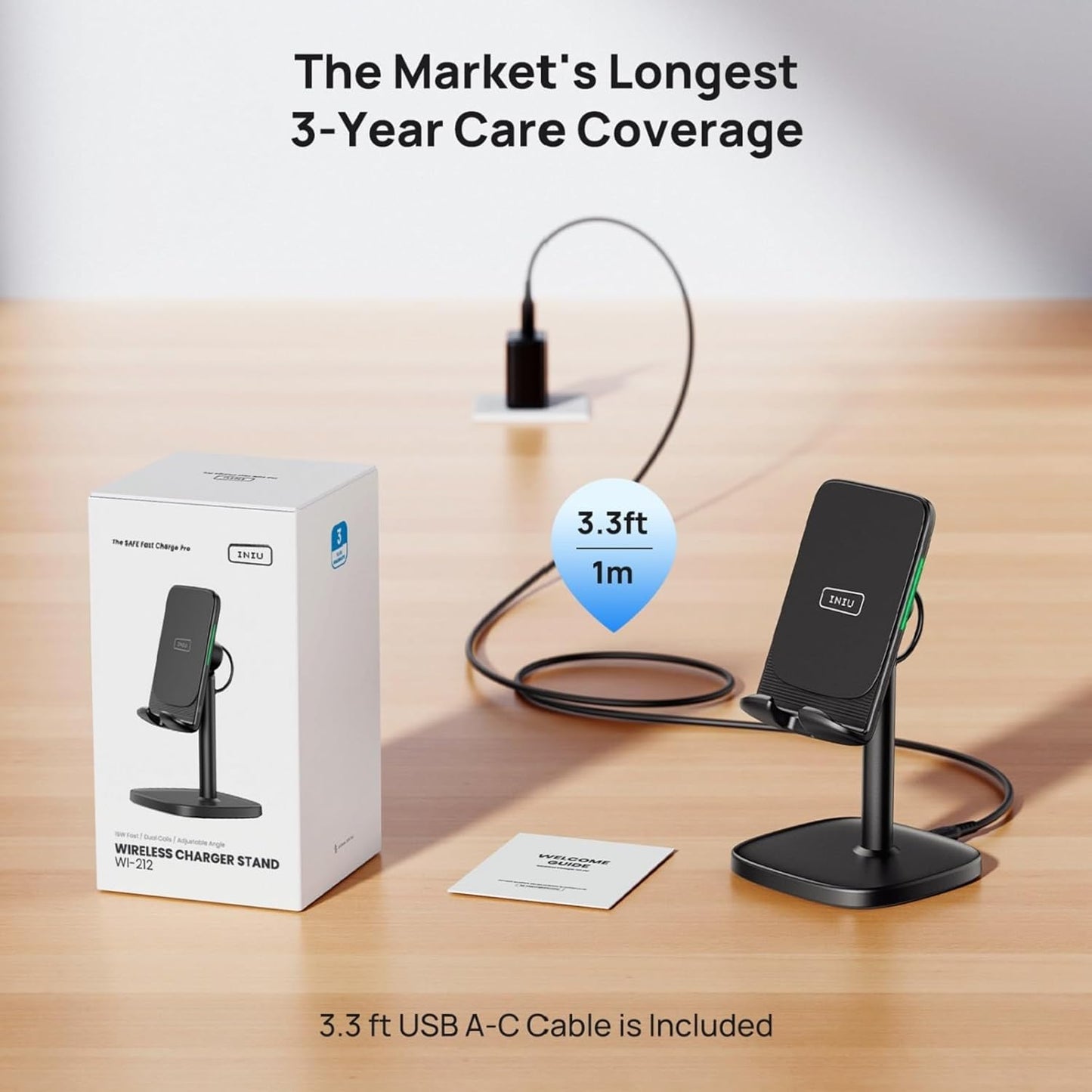 Wireless Charger, INIU 15W Qi Adjustable Fast Wireless Charging Station, Desktop Charging Dock Stand with Sleep-Friendly Adaptive Light for iPhone 15 14 13 12 Pro Samsung Galaxy S22 S21 Note 20 Google