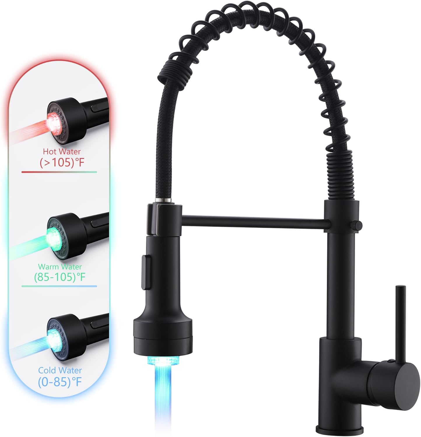 GIMILI Matte Black Kitchen Faucet with LED Light,Single Hole Spring Kitchen Sink Faucet with Pull Down Sprayer