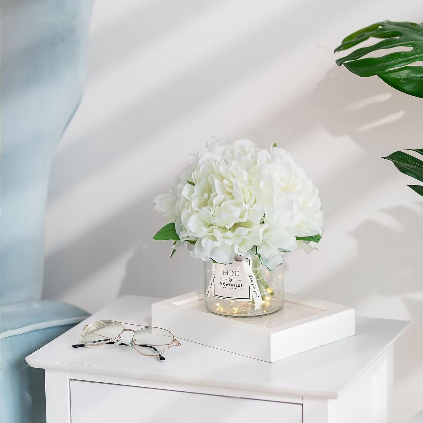 BLOSMON White Fake Flowers with Vase: Small Coffee Table Decor Bathroom Hydrangea Faux Flowers in Vase Office Desk Shelf Home Living Room Bedroom Vanity nightstand Decorations Floral Arrangement