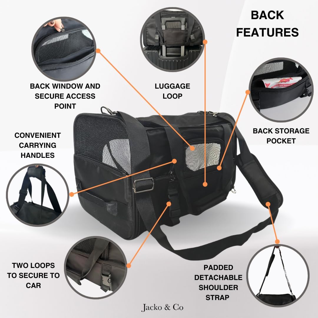 JACKO & CO - Premium Dog & Cat Carrier, TSA Airline Approved with Luggage Loop, Soft-Sided Travel Carrier Bag for Pets, Small Dogs, Puppies, Kittens up to 10lbs, Ventilated Windows & Fully Collapsible