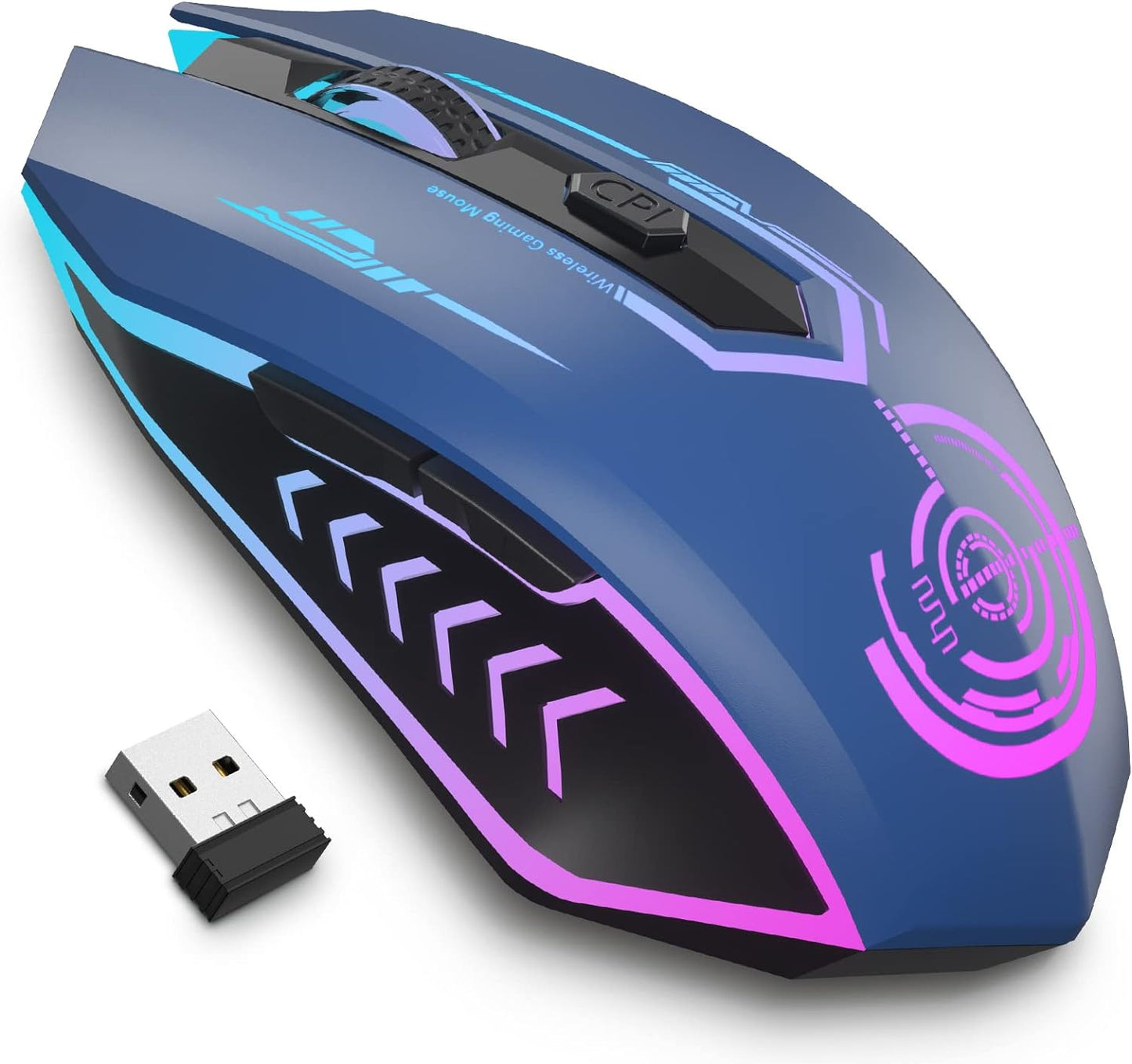 Wireless Gaming Mouse Up to 10000 DPI, UHURU Rechargeable USB Wireless Mouse with 6 Buttons 7 Changeable LED Color Ergonomic Programmable MMO RPG for PC Laptop, Compatible with Windows Mac